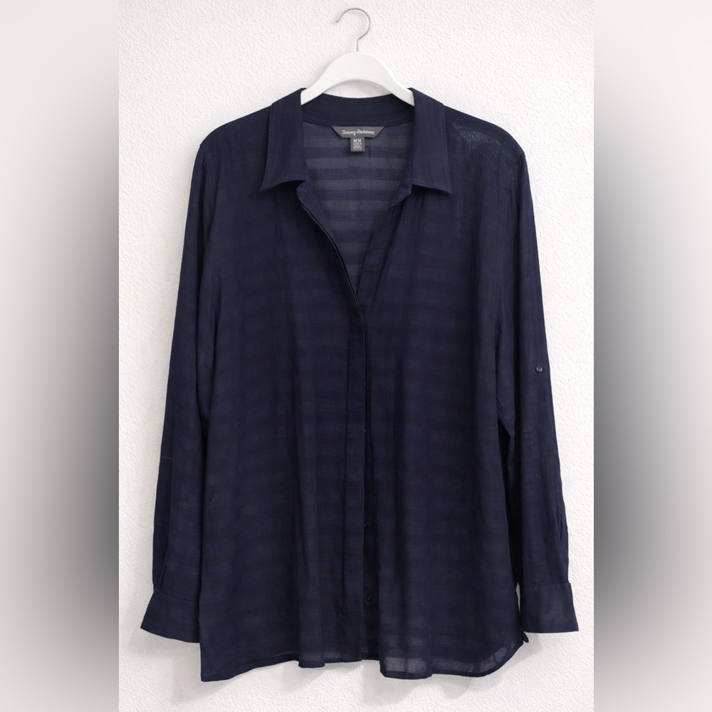 Tommy Bahama Navy Blue Sheer Striped Long Sleeve Button Down 100% Cotton Medium